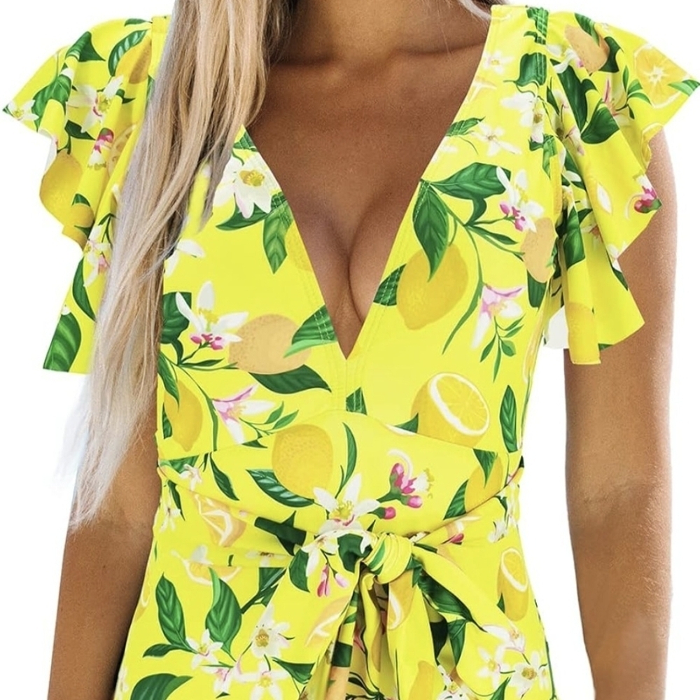 New Womens Binlowis V Neck One Piece Belt Swimsuit Lemons Floral  Size M